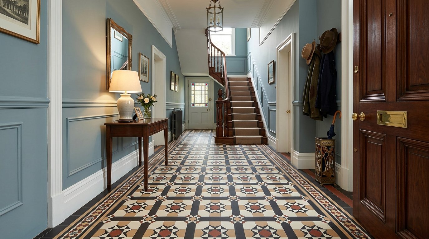 Victorian Geometric Pattern Floor Tiling in Hallway Angmering