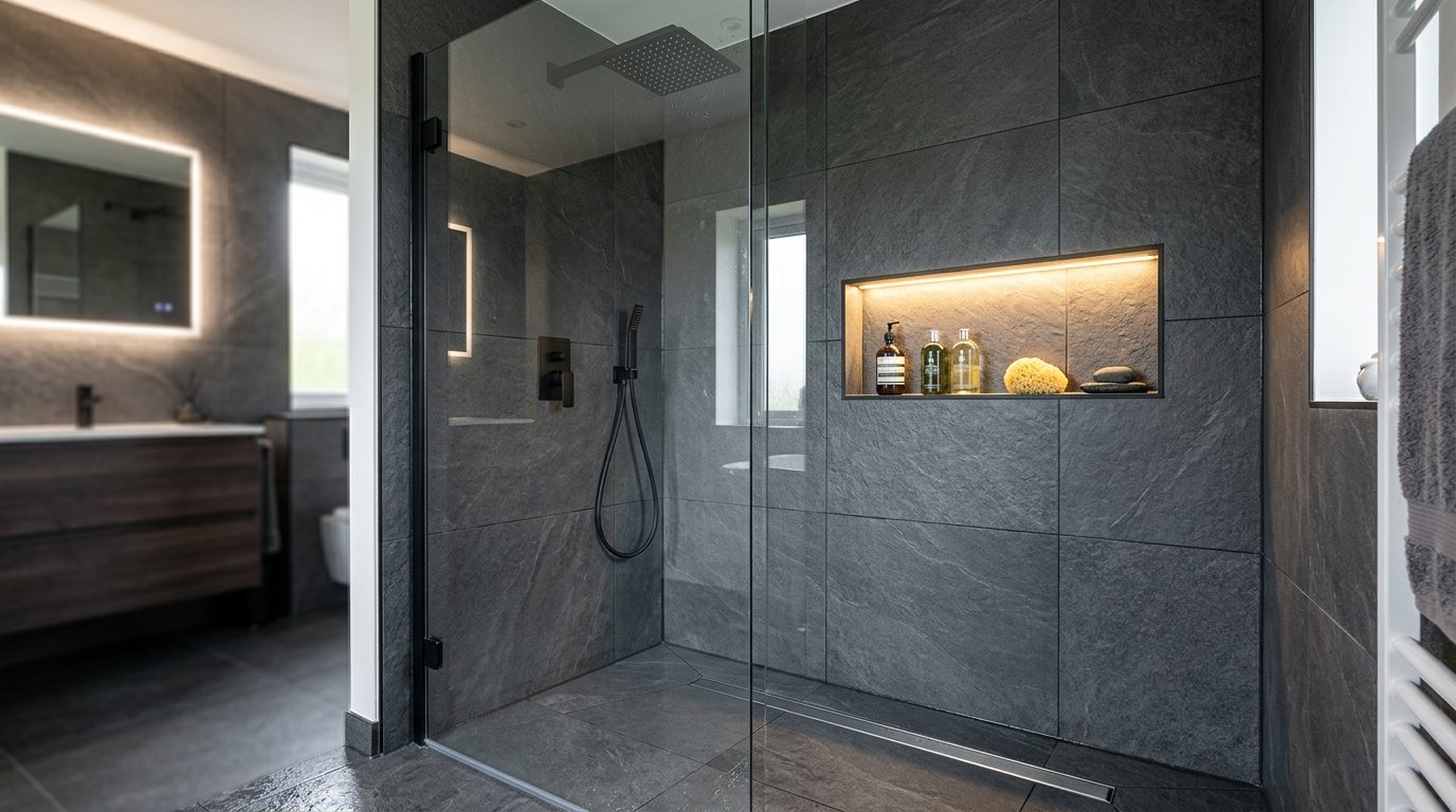 Walk-In Wet Room Shower Tiling with Recessed Niche in East Preston